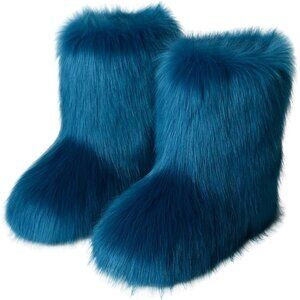 Womens Winter Snow Boots Knee High Faux Fur Lined Flat Blue Warm Shoes